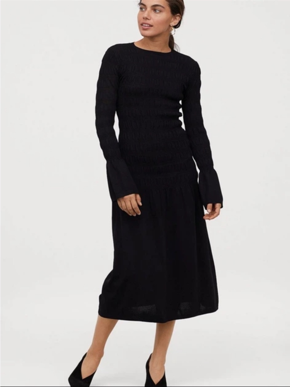 H&M Knit Long Sleeve Smocked Dress XS Black NWOT